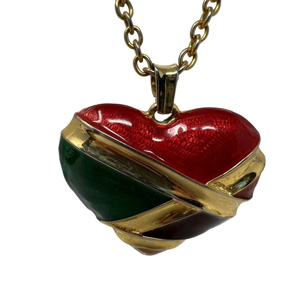 Large Heart Necklace Gold Tone Red Green Gold Enamel‎ Pendant